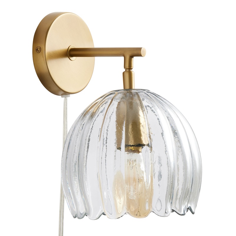 Clear Glass Fluted Flower and Brass Adjustable Wall Sconce