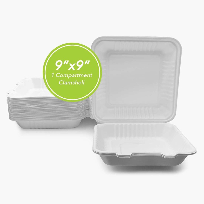 Disposable Clamshell Food Boxes – 1 Compartment, 9″ x 9″