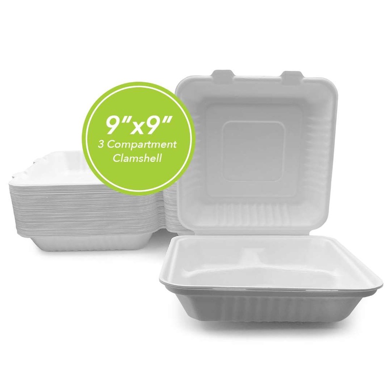 Disposable Clamshell Food Boxes – 3 Compartments, 9″ x 9″