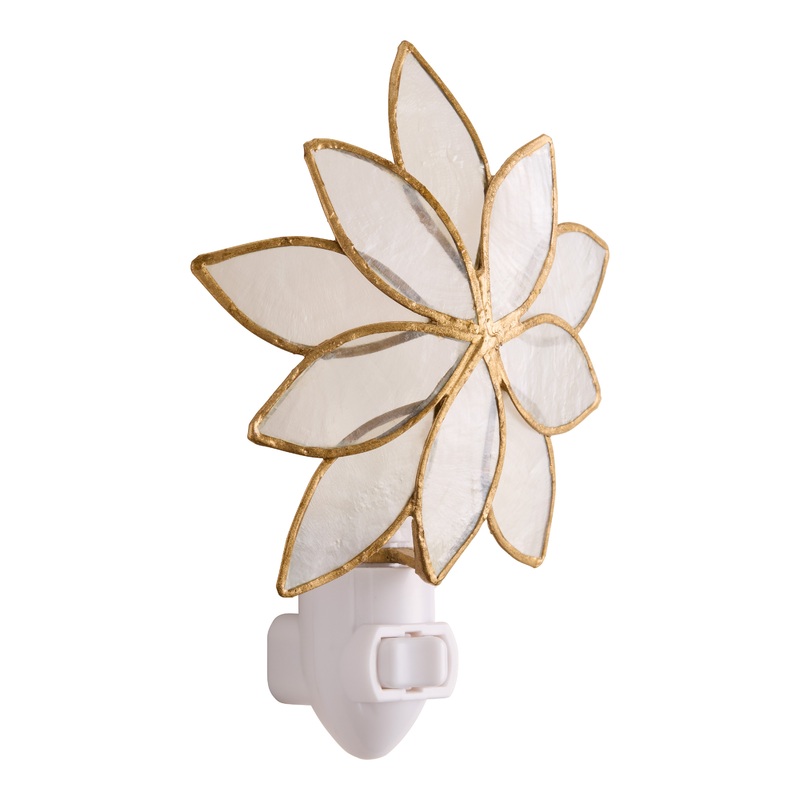 Natural Capiz and Gold Metal Flower Figural Night Light