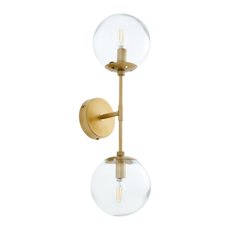 Olivia Brass And Clear Glass Globe 2 Light Wall Sconce