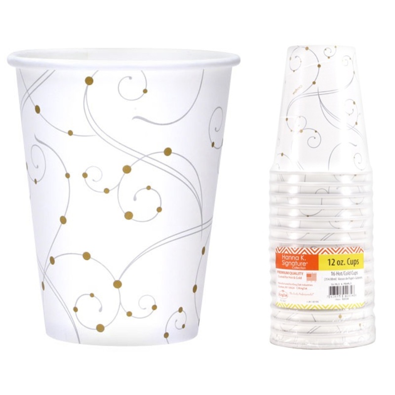 Paper Cups – White & Gold Design, Hot & Cold, 12 oz., 16 Pack