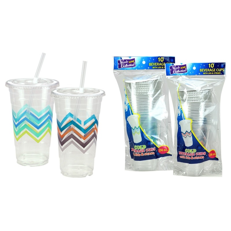 Plastic Beverage Cups – Chevron Design, with Lid & Straws, 24 oz, 10 Pack