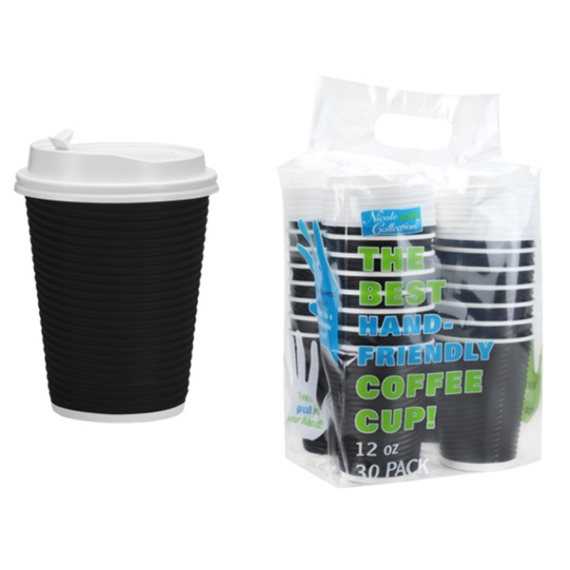 Ripple Hot Cups with Lids – Black, 12 oz, 30 Pack