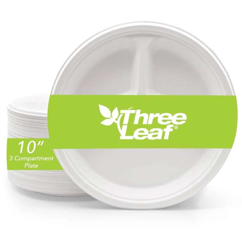 Three Leaf 10″ 3 Compartment Bagasse Round Plates, 25 Pack