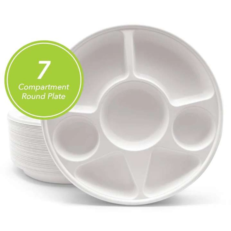 Three Leaf 13″ 7 Compartment Bagasse Round Plates, 50 Pack