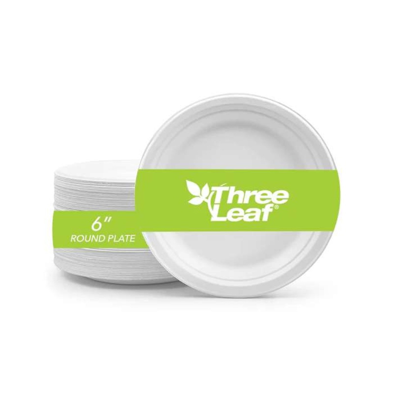 Three Leaf 6″ Bagasse Round Plates, 50 Pack