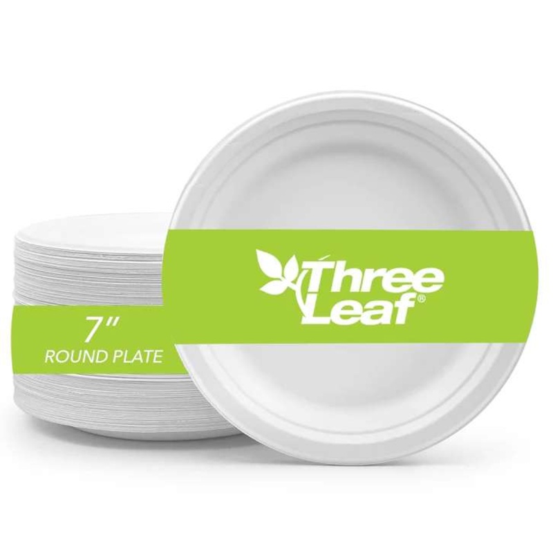 Three Leaf 7″ Bagasse Round Plates, 50 Pack