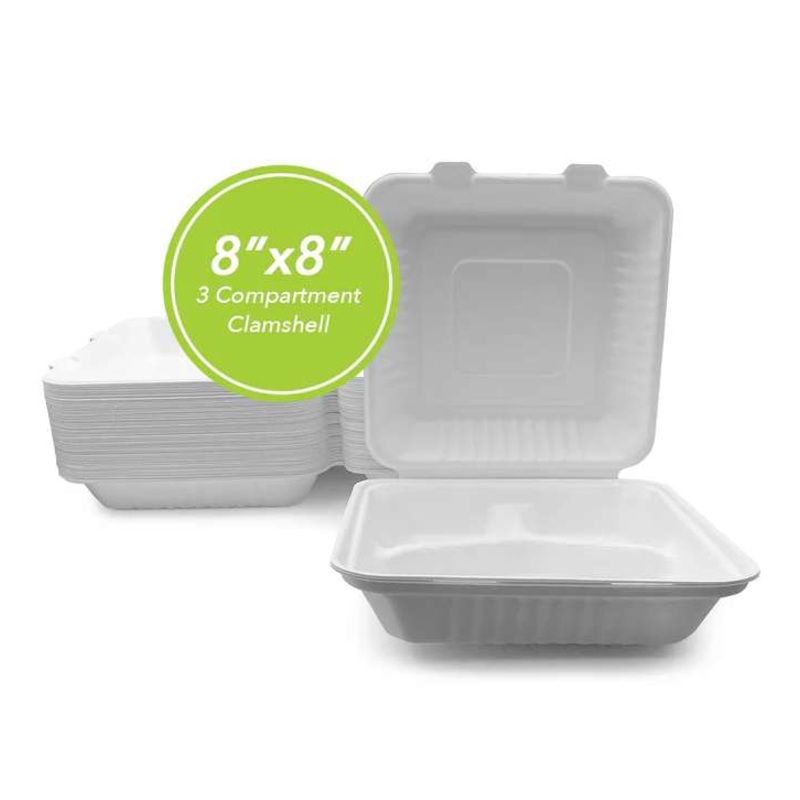 Three Leaf 8″x8″ 3 Compartment Bagasse Clamshell, 50 Pack