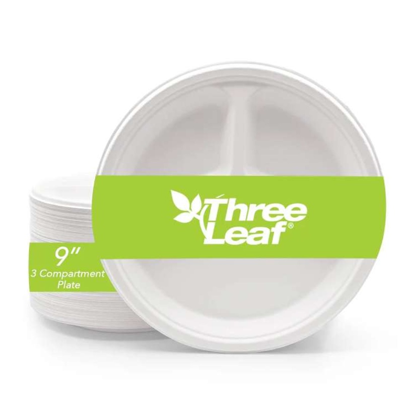 Three Leaf 9″ 3 Compartment Bagasse Round Plates, 25 Pack