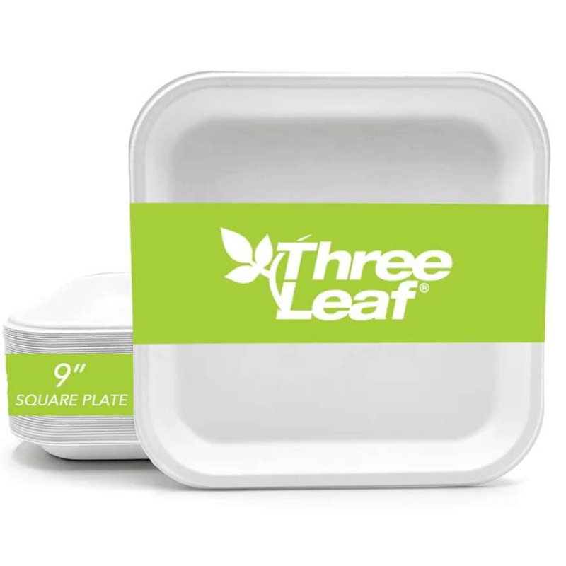 Three Leaf 9″ Bagasse Square Plates, 25 Pack