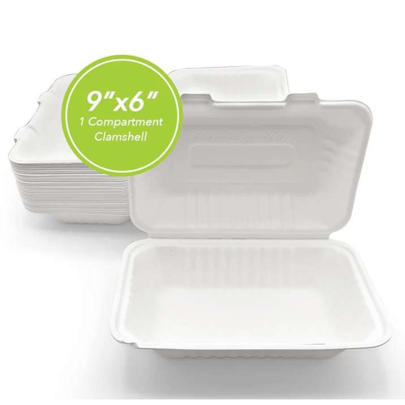 Three Leaf 9″x6″ 1 Compartment Bagasse Clamshell, 50 Pack