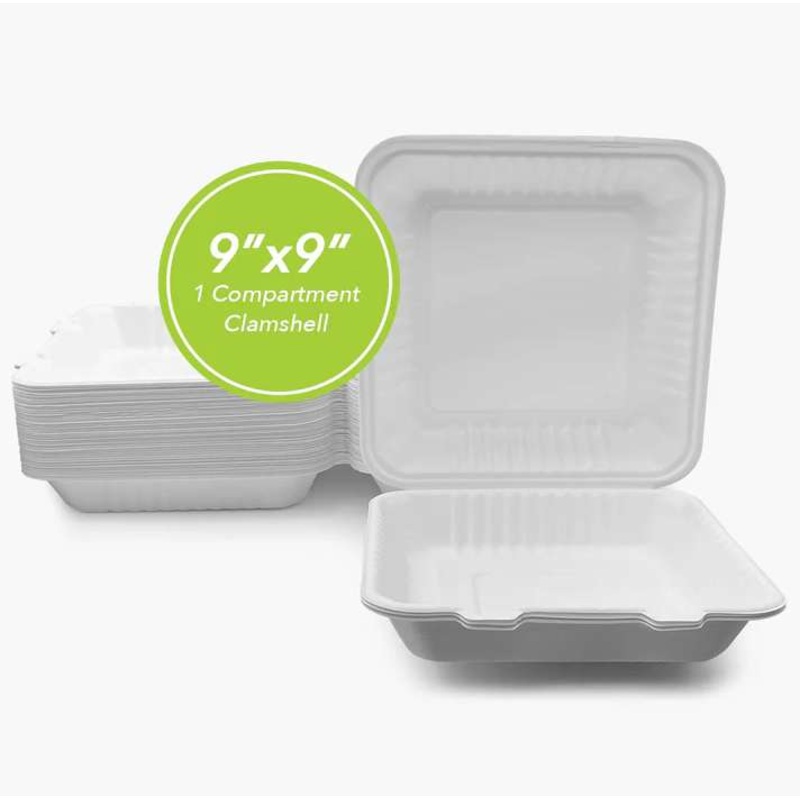Three Leaf 9″x9″ 1 Compartment Bagasse Clamshell, 100 Pack