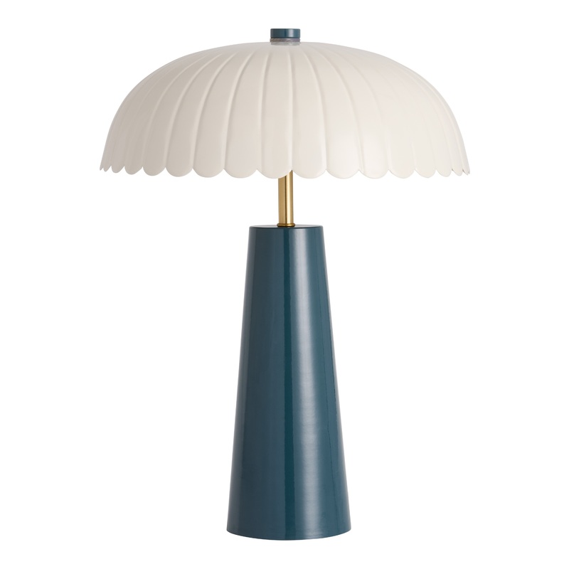 Blue Metal Cone and White Scalloped 2 Light Table Lamp