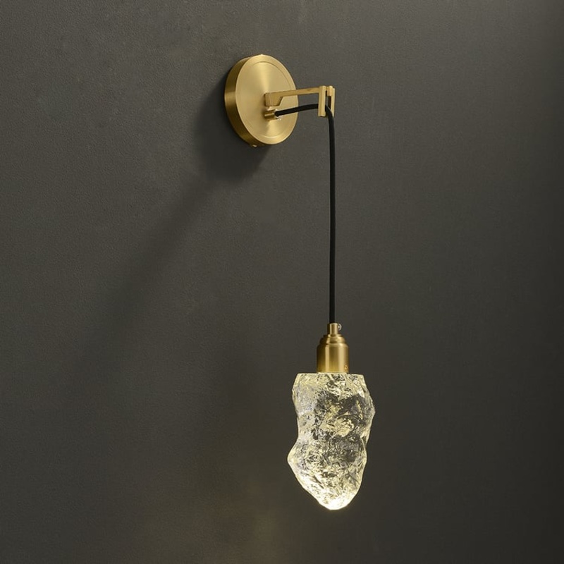 Gold Brass Wall Sconce Hanging Wall Light with Crystal Shade & Adjustable Cable