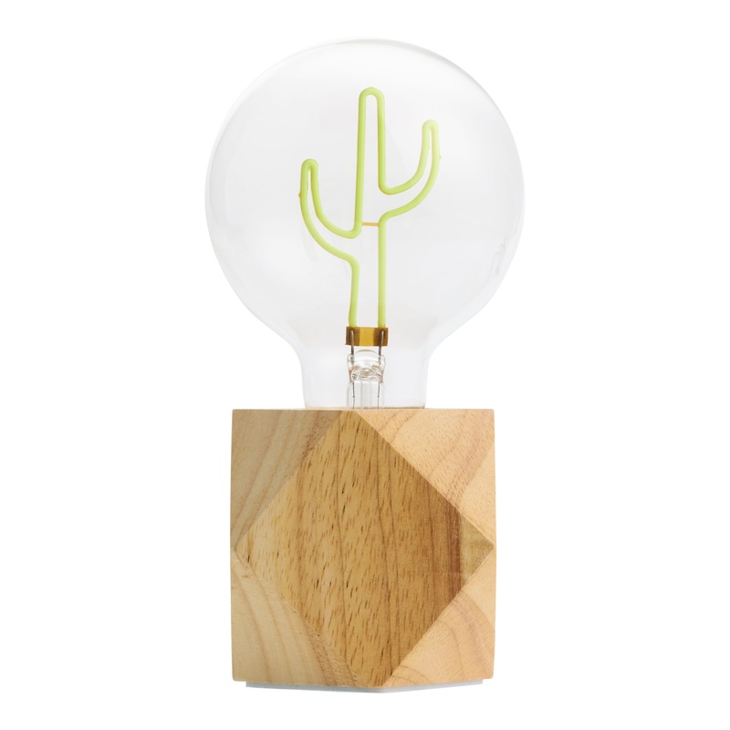 Green Cactus and Natural Wood Faceted LED Accent Lamp