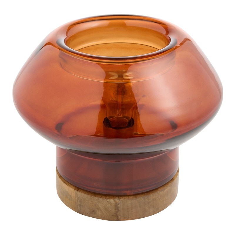 Rocco Amber Glass and Wood Curved Geo Up Light Table Lamp