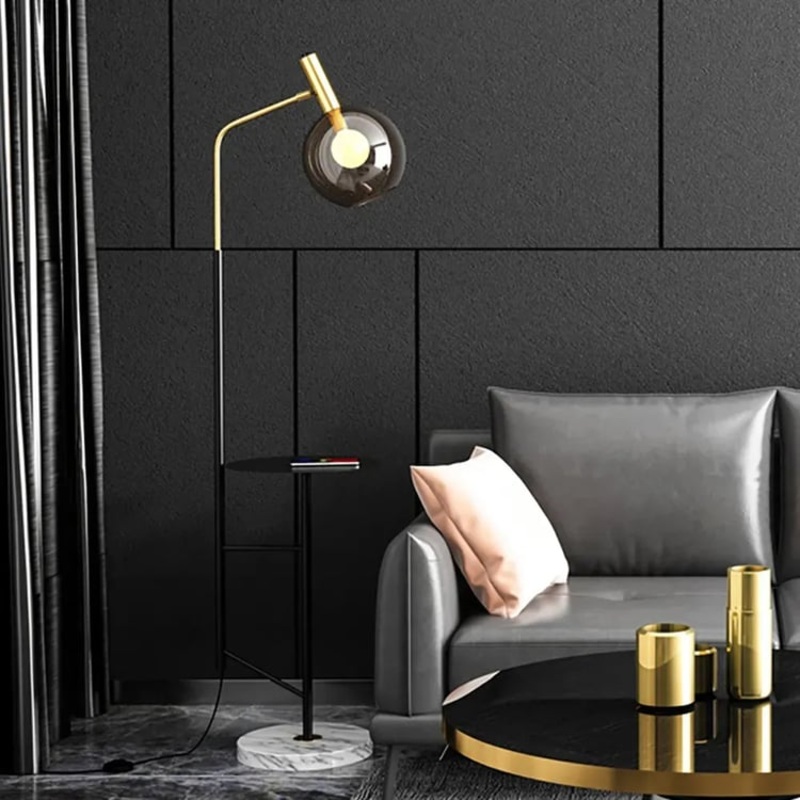 67″ Modern Tray Table Floor Lamp 1-Light Cognac Dome Glass Shade in Black