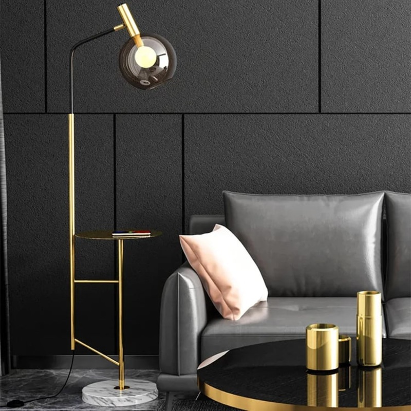 67″ Modern Tray Table Floor Lamp Cognac Dome Glass Shade 1-Light in Gold