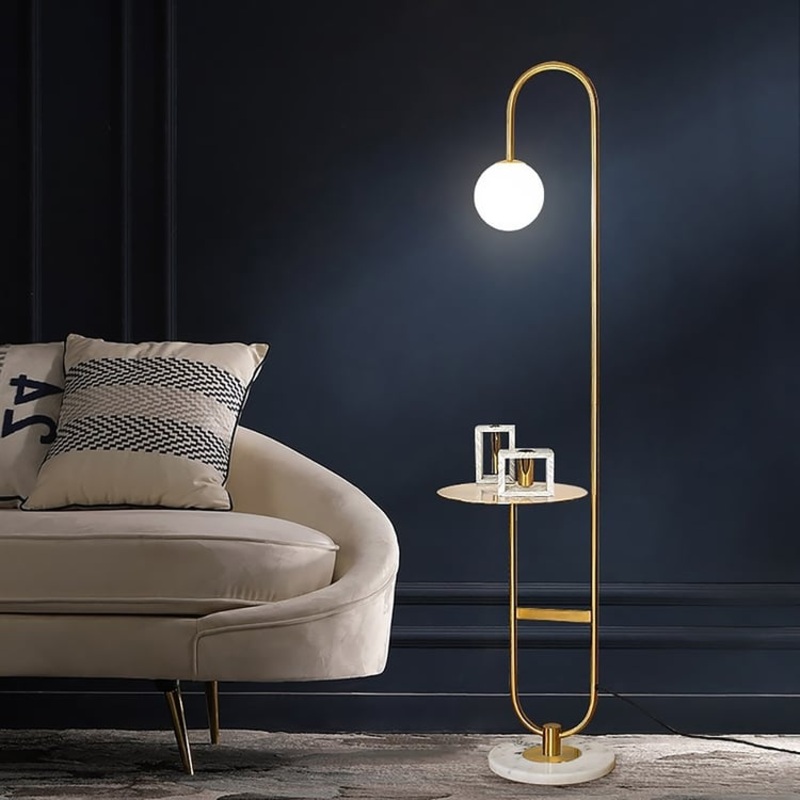 Globeal 60″ Modern Arc Floor Lamp with Shelf in Gold with Glass Shade & Marble Base