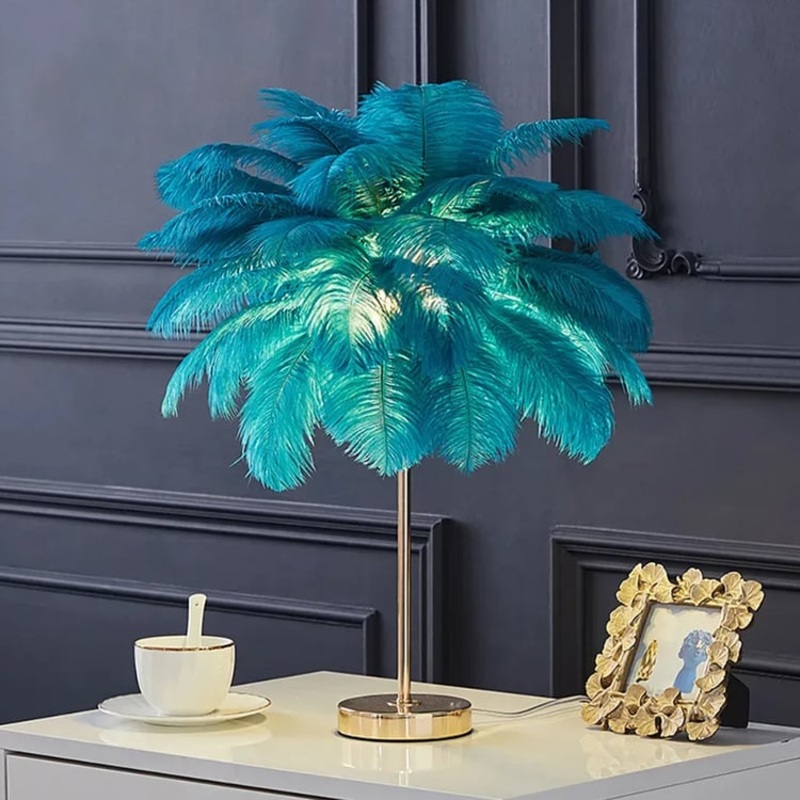Loftus Art Deco Gold Portable Table Lamp with Green Feather USB Charging & Dimmable
