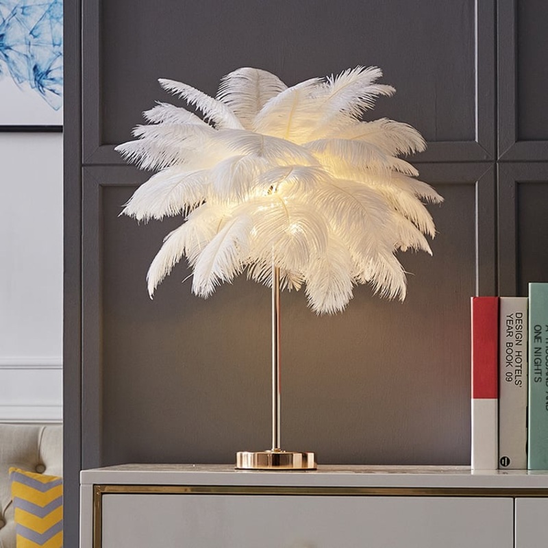 Loftus White Feather Gold Table Lamp Art Deco Beside Desk Lamp for Bedroom