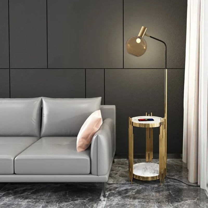 Modern Floor Lamp End Table with Glass Shade, Wireless Charger & USB Port