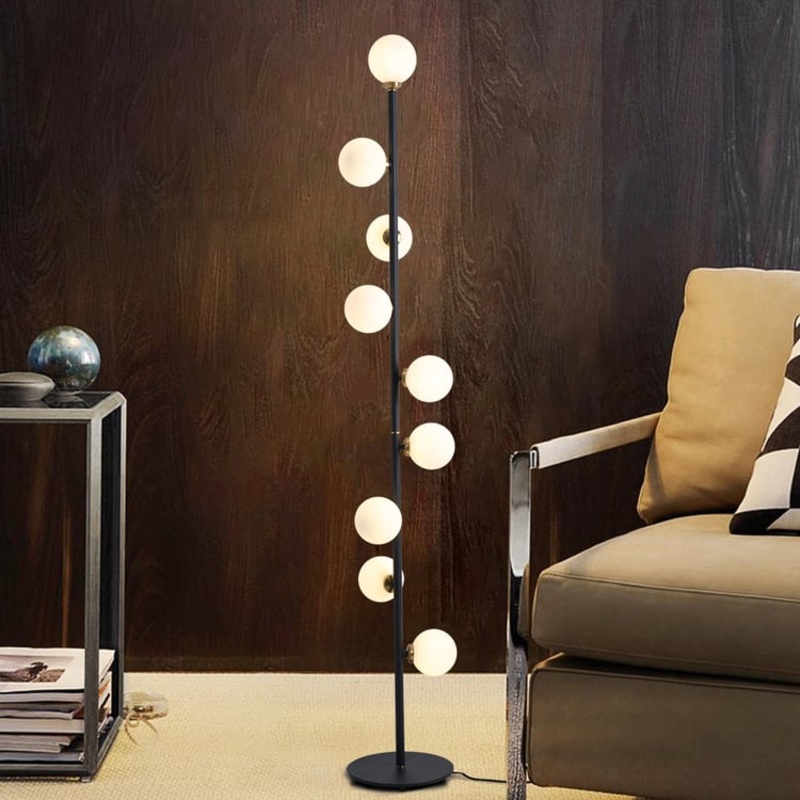 Modern LED Black 9-Light Tree Floor Lamp White Glass Globe