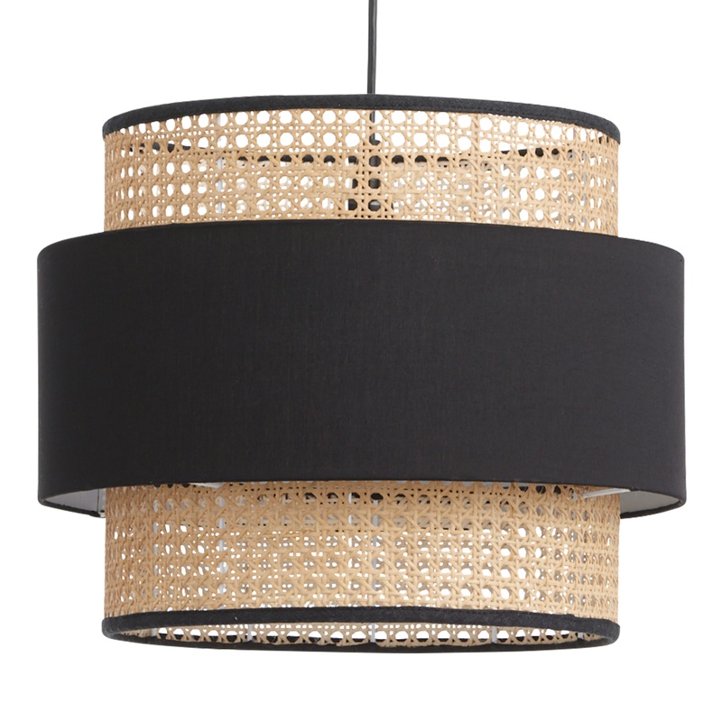 Natural Rattan and Black Fabric Pendant Lamp