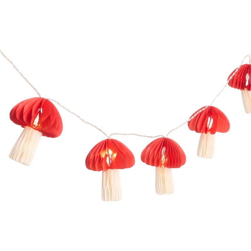 Red and White Honeycomb Paper Mushroom String Lights