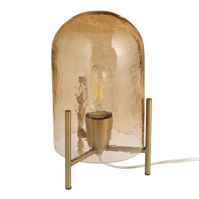 Smoky Amber Glass Cloche and Brass Metal Textured Table Lamp