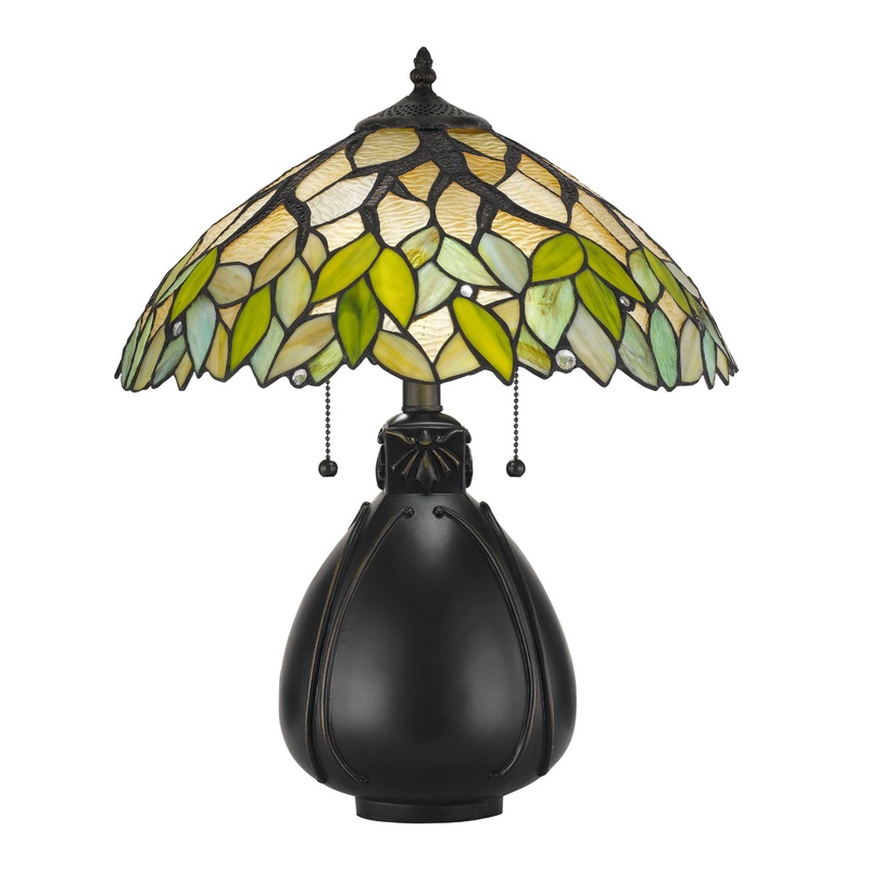 Tiffany Stained Glass Leaf and Dark Bronze Table Lamp