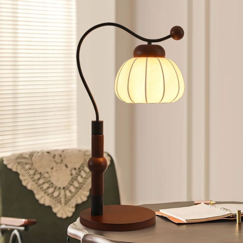 Vintage Pumpkin Wood Base 1-Light Table Lamp
