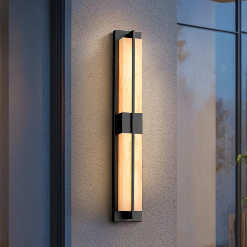 31″ Outdoor Wall Light with Matte Black Iron Frame & Beige Marble-Effect Acrylic Shade