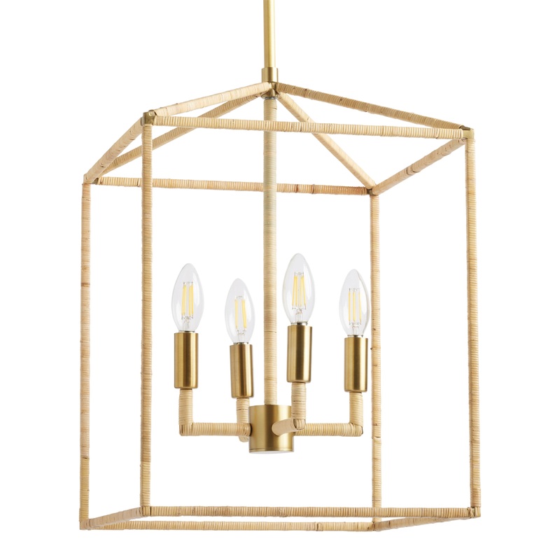 Astrid Rattan and Gold Iron Open Cage 4 Light Chandelier