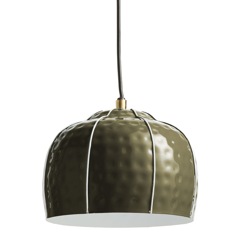 Avocado Green and White Enameled Dome Pendant Lamp