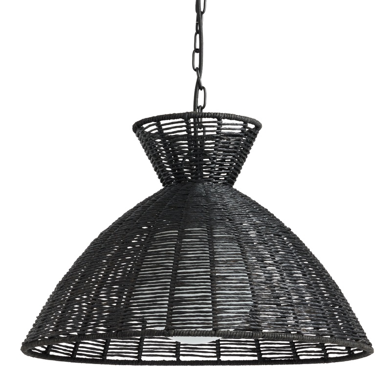 Black Handwoven Rattan and Milk Glass Dome Pendant Lamp
