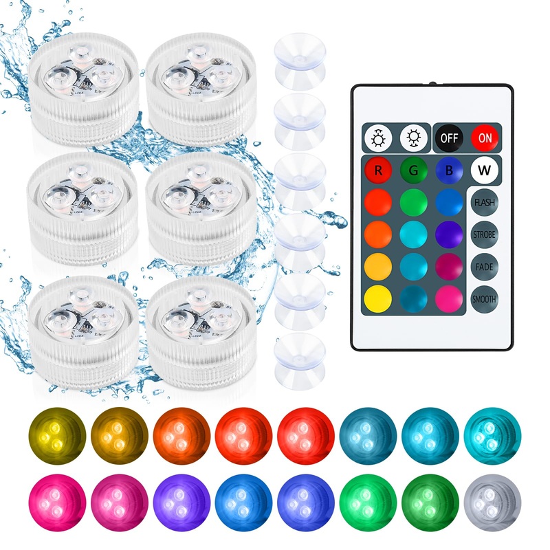 LED tea lights 6 pieces 4 modes 16 colors RGB mini LED lights waterproof underwater LED light LED candles IP68 waterproof with remote control 6 suction cups for aquarium pool pond garden party