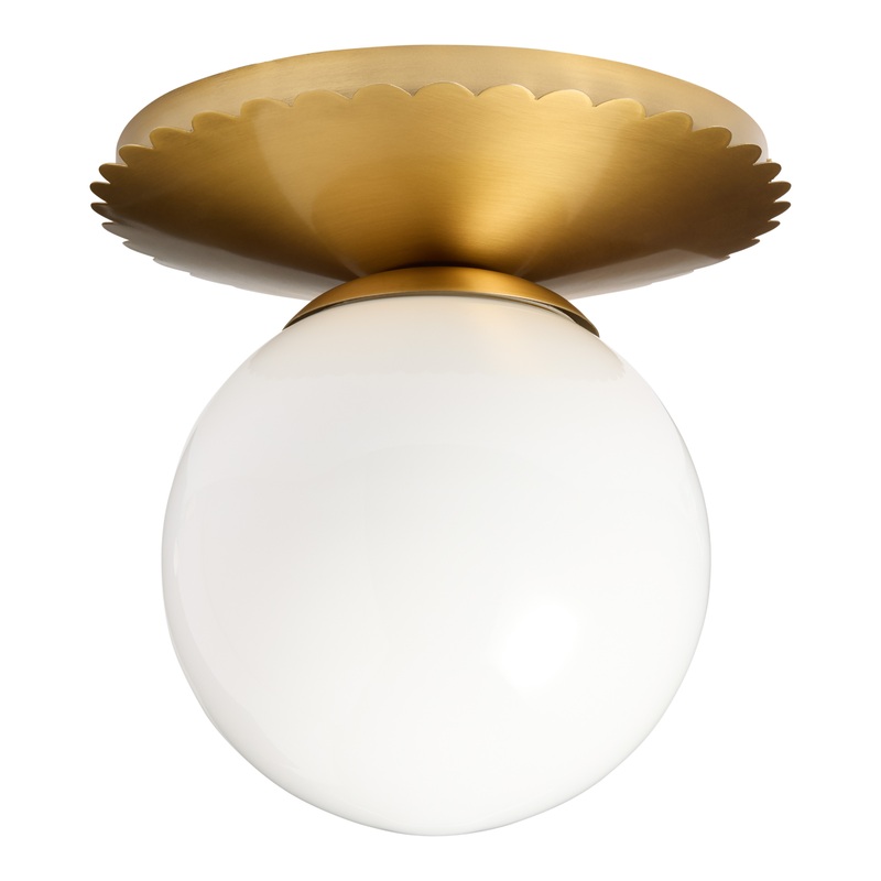 Milk Glass Orb and Metal Scalloped Flush Mount Ceiling Light