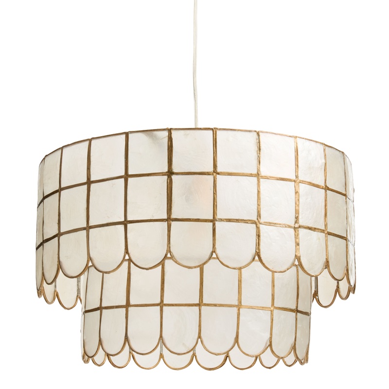 Round Natural Capiz and Gold Metal Scalloped Pendant Lamp