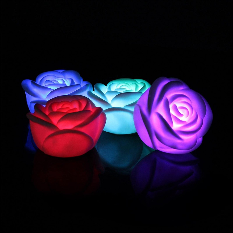 4pcs LED Rose Flower Floating Light Colors Changing Pond Floating Lamp Flameless Floating Rose Tea Lights Battery Powered Light up Flower for Wedding Hot Tub Party Pond Decor(white)