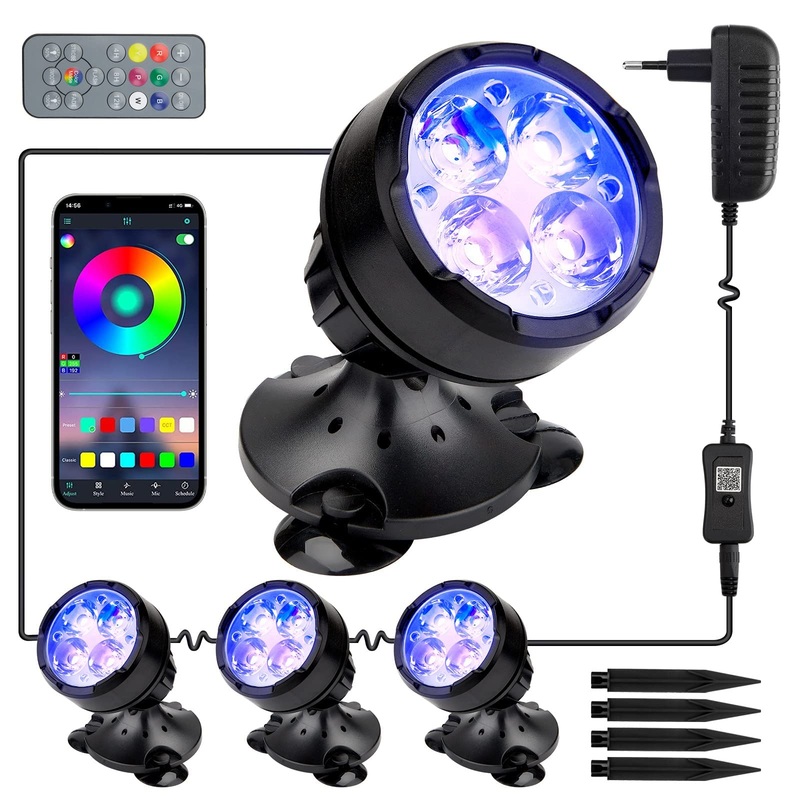 GreenSun Pond Lights with APP&Remote Control RGB Underwater Spot Light IP68 Waterproof Foutain Submersible Lights for Garden/Aquarium/Fish Pond(Set of 4 Lights)