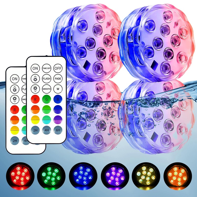 Hot Tub Lights (4 Pack) Submersible LED Lights with RF Remote Waterproof Underwater Light LED for Vase Bath Pool Christmas Halloween Camping Buckets Rgb