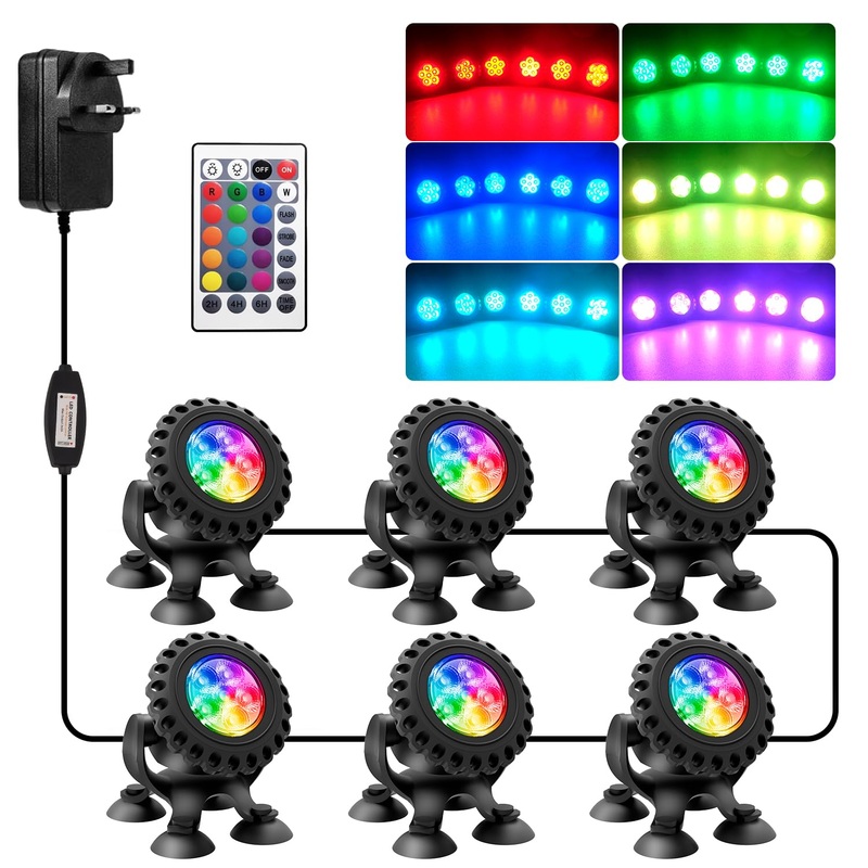 NATPOW Pond Lights Submersible Lights LED RGB Spotlights Mains Powered with Remote Control IP68 Waterproof Aquarium Lights Multicoloured for Aquarium Garden Yard Pool Fountain Pond (6-in-1) Rgb-set of 6