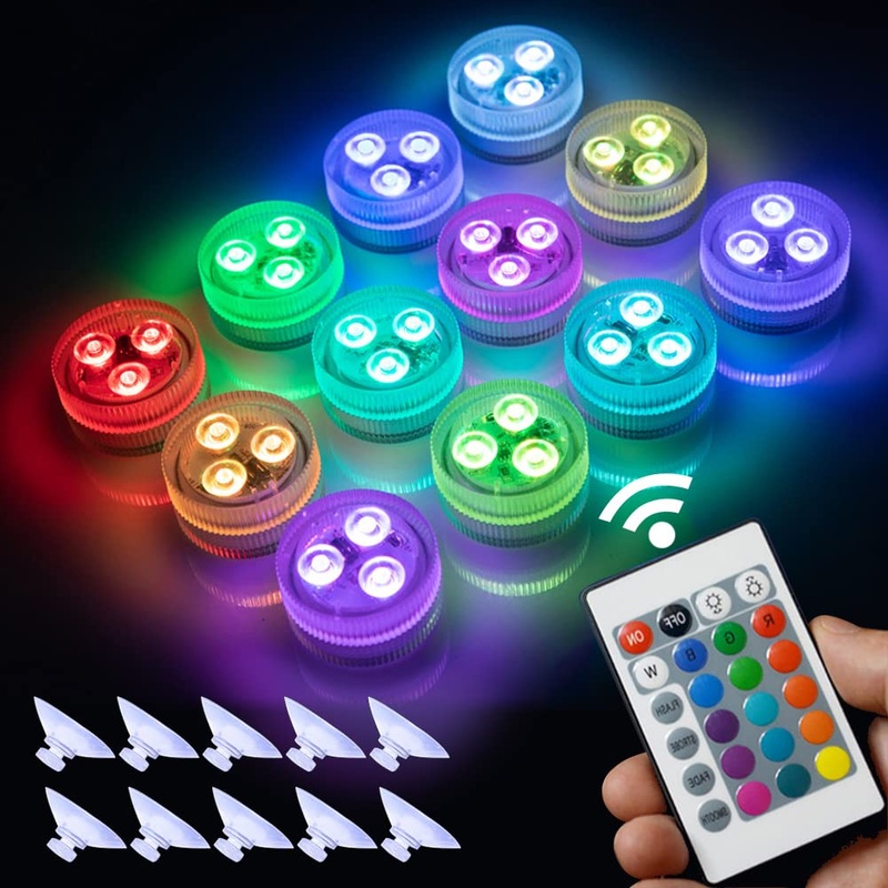 REDGO Submersible LED Lights 10 Packs Upgrated Ponds Lights Underwater 16 RGB Color Gradient Hot Tub Lights for Decor Underwater Light IP68 Waterproof 10 Lights 1 IR Remote Control 10 pics