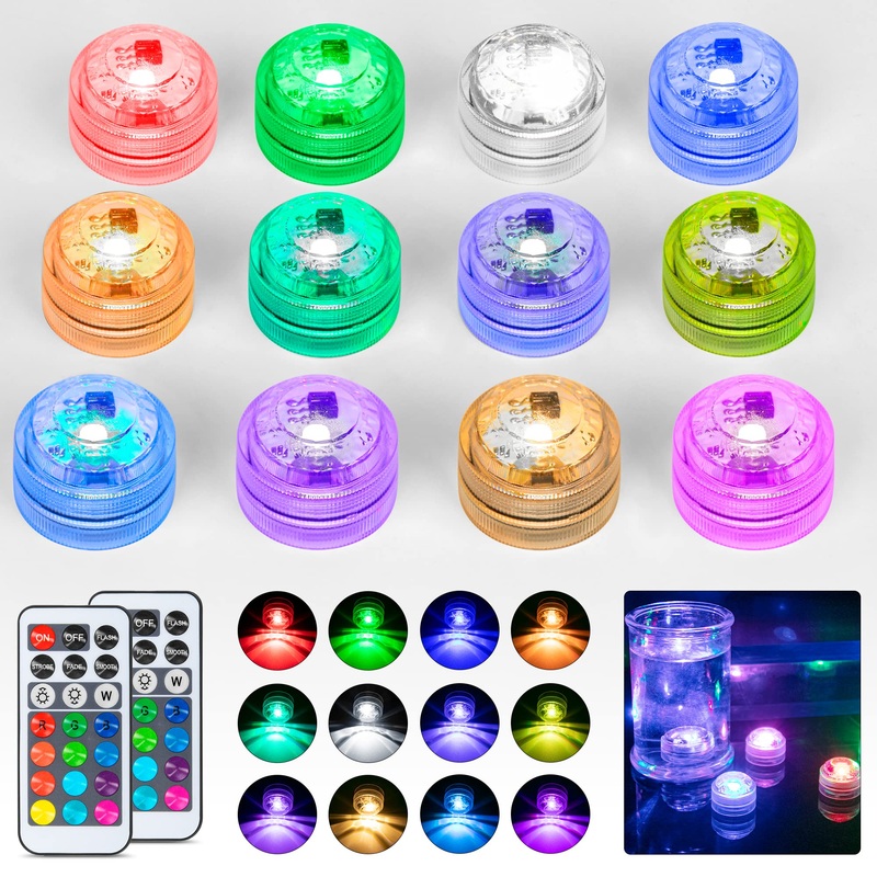 Submersible Led Light 12pcs Mini led Lights Waterproof RGB Small Tea Lights with Remote for Aquarium Pool Garden Vase Pond Party Christmas Decorations