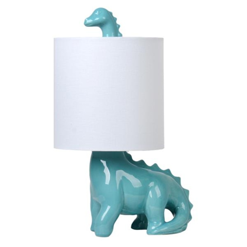 Tiny Dreamers Teal Ceramic Dinosaur Lamp with Shade, 17″
