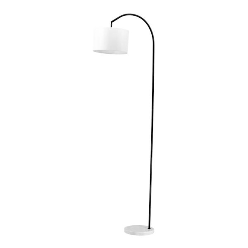 Black Arc Floor Lamp with Marble Base & White Fabric Drum Shade, 70″