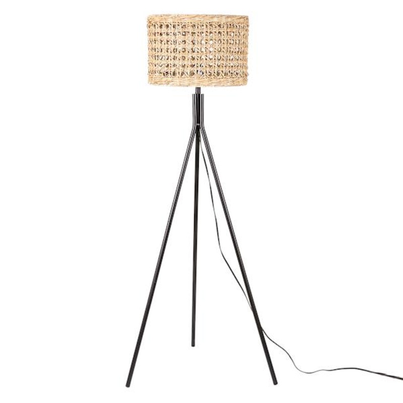 Black Metal Tripod Floor Lamp with Seagrass Shade, 60″