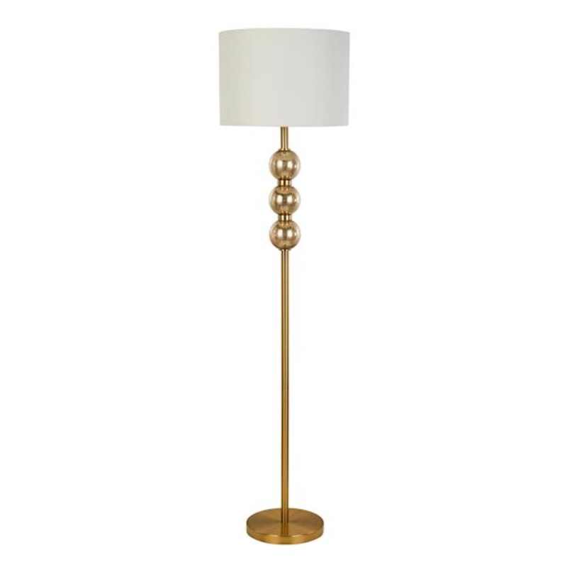 Brass Stacked Orb Floor Lamp with White Fabric Drum Shade, 60″
